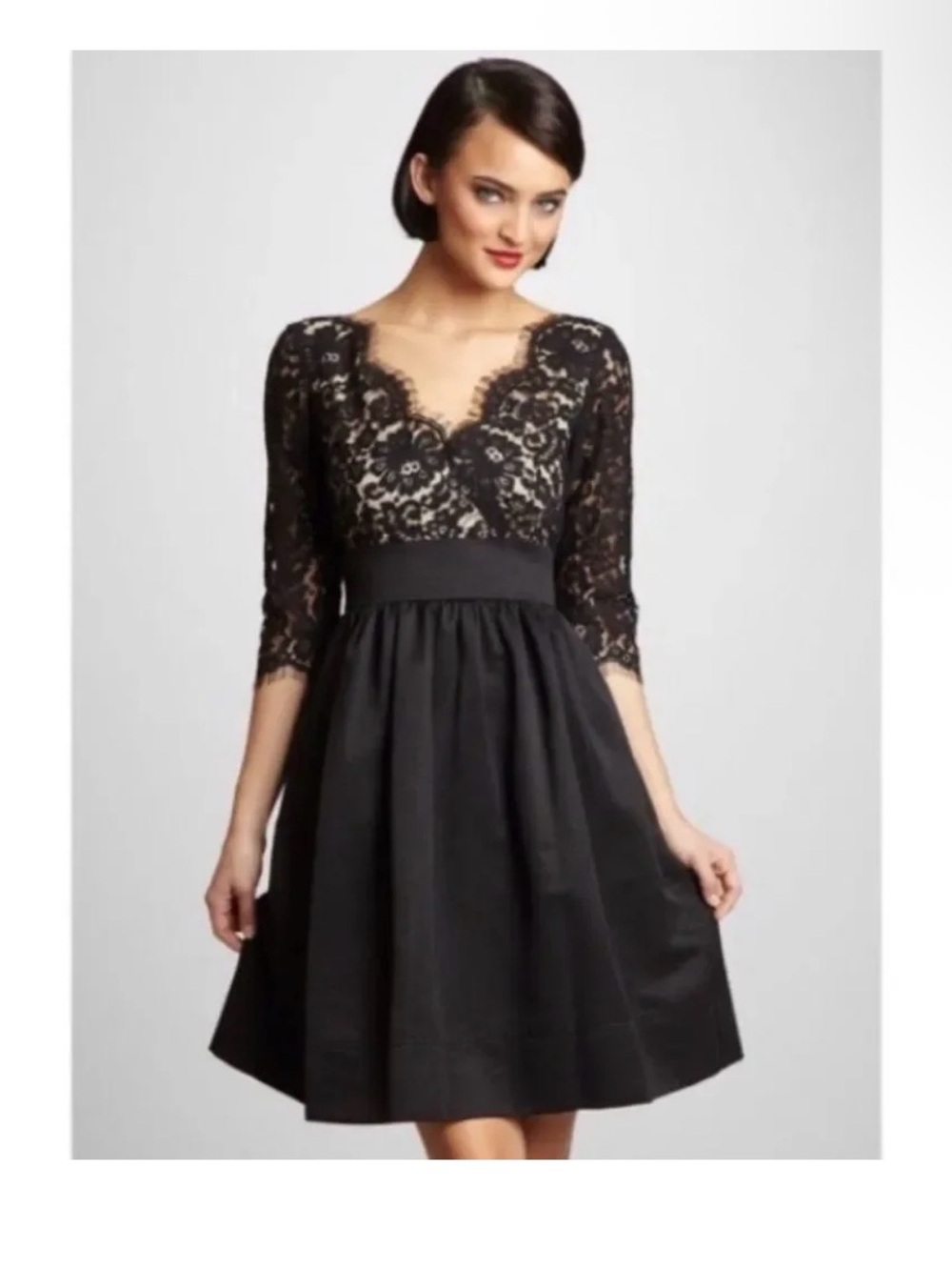 Eliza J Black Lace & Faille Fit-and-Flare Dress with Scalloped V-Neck - Size 2
